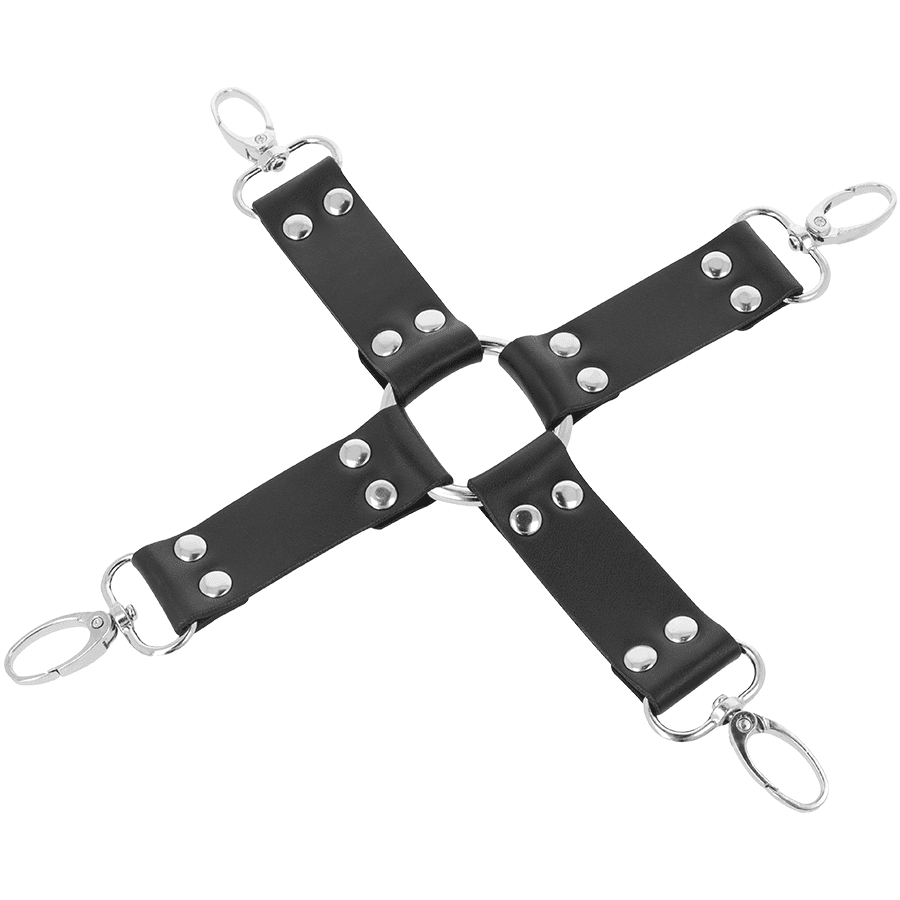 Darkness - Ensemble hogtie et menottes pieds et mains en cuir noir, photo 4
