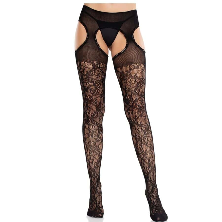 Leg Avenue - Bas en dentelle florale avec jarretelles intégrées - Noir