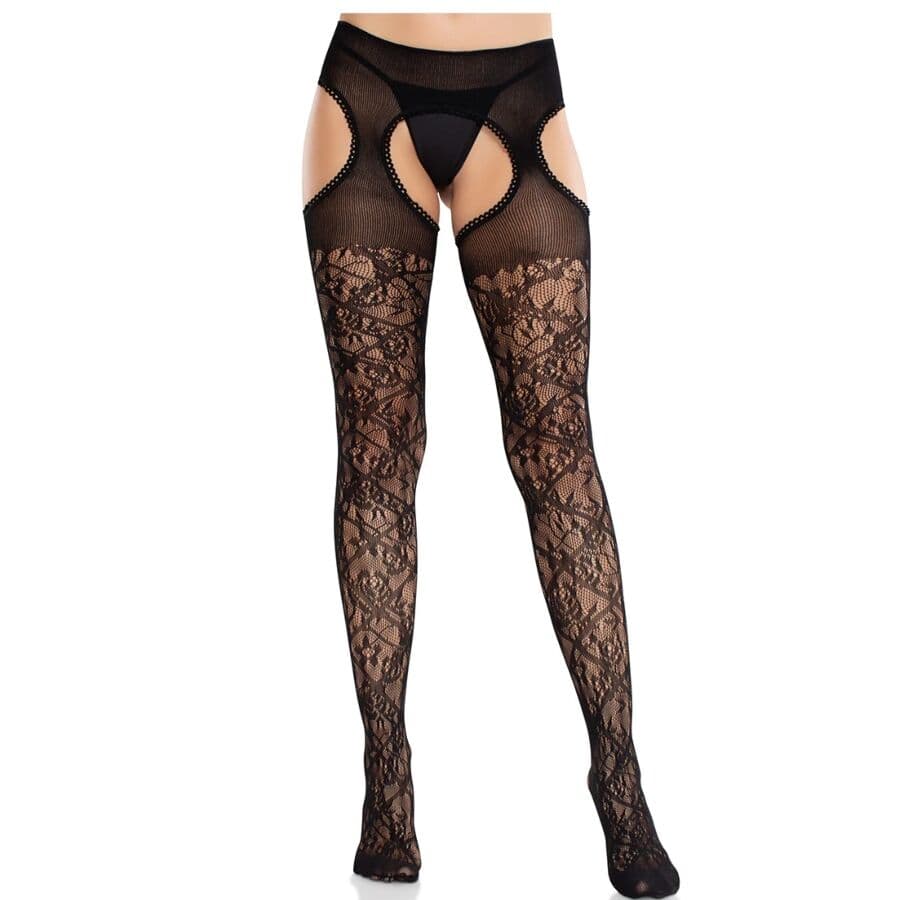 Leg Avenue - Bas en dentelle florale avec jarretelles intégrées - Noir