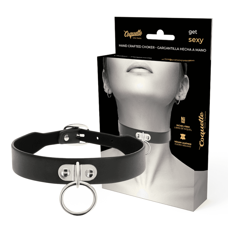 Coquette Chic Desire Collier en cuir vegan avec anneau - Noir