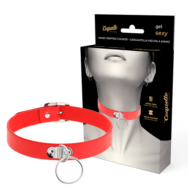 Coquette Chic Desire - Collier ras-de-cou en cuir végan avec anneau - Rouge