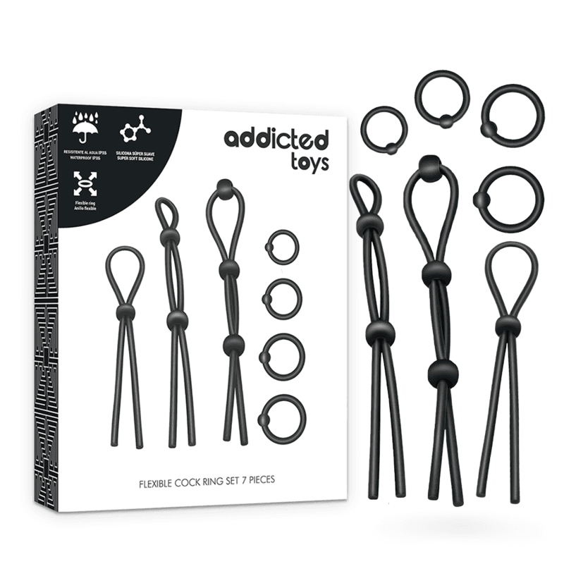 Addicted Toys Ensemble d'anneaux péniens flexibles en silicone 7 pièces Noir