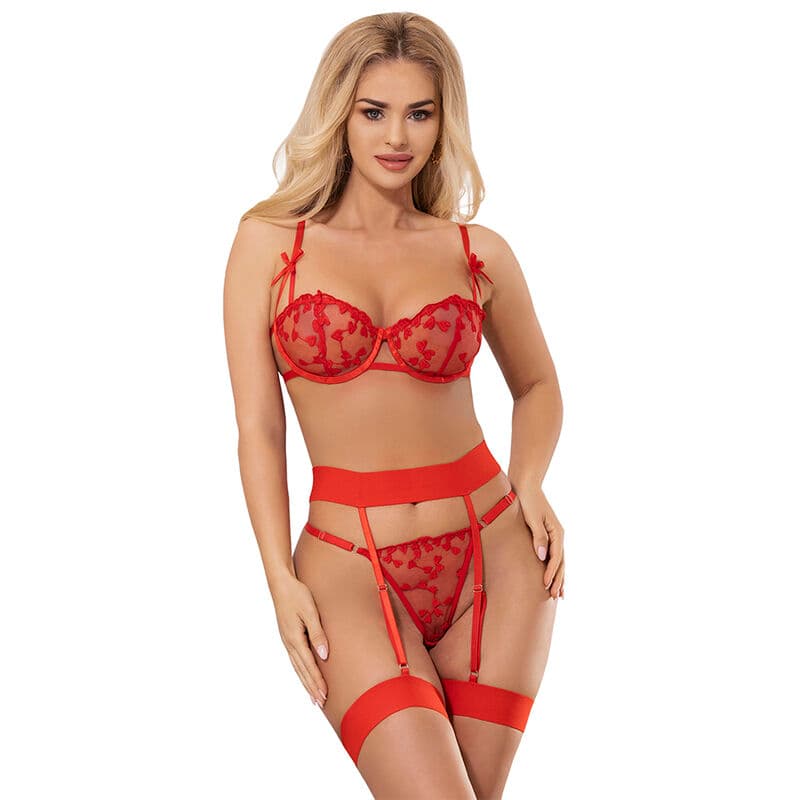 Subblime Ensemble soutien-gorge, string et porte-jarretelles imprimé cœur rouge S/M