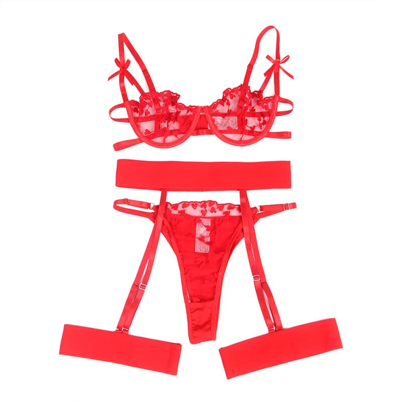 Subblime Ensemble soutien-gorge, string et porte-jarretelles imprimé cœur rouge S/M, photo 5
