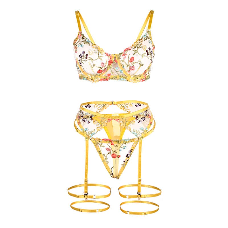 SUBBLIME - 954345 SOUTIEN-GORGE + STRING + PORTE-JARRETELLES MOTIF FLORAL JAUNE S/M, photo 6