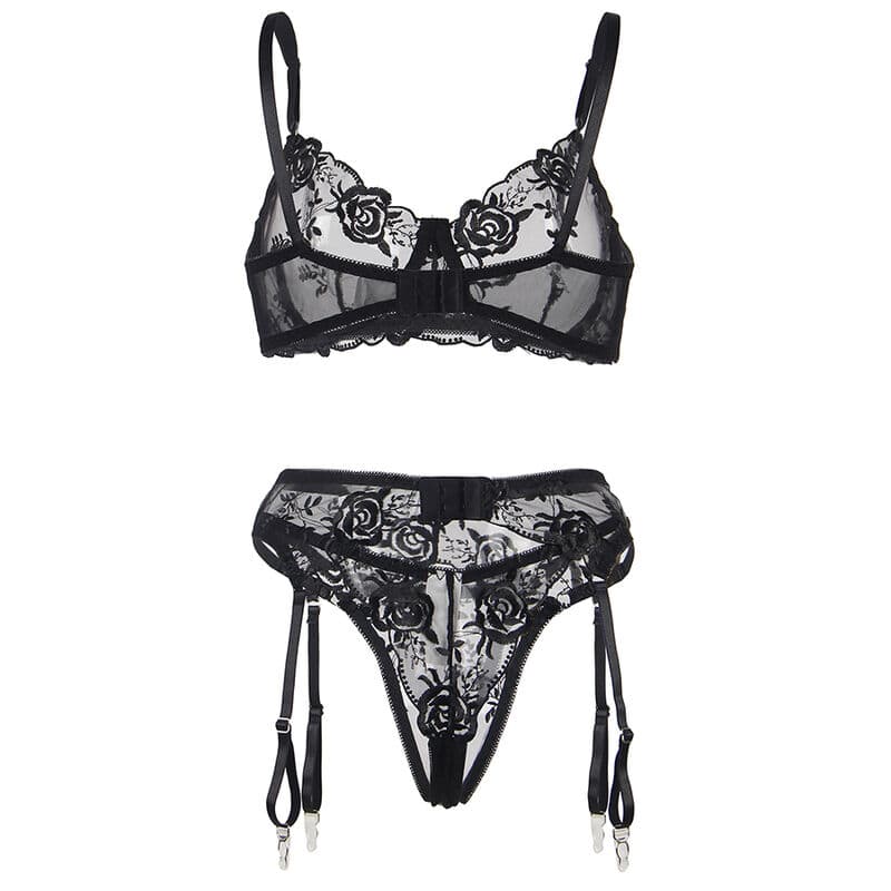 Subblime Ensemble 3 pièces soutien-gorge, string et porte-jarretelles floral noir S/M, photo 7